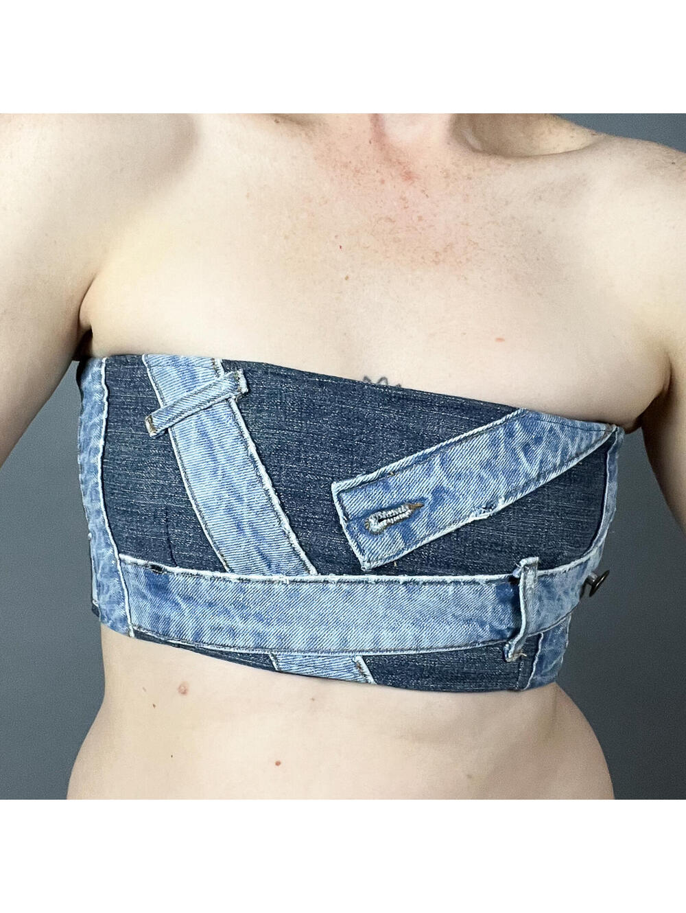 Denim Tube Top | Upcycled Denim Bandeau Top Lace Up Reworked Jeans